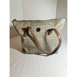 Tommy Hilfiger Large Logo All Over Print Tan Tone Shoulder Tote Bag Purse